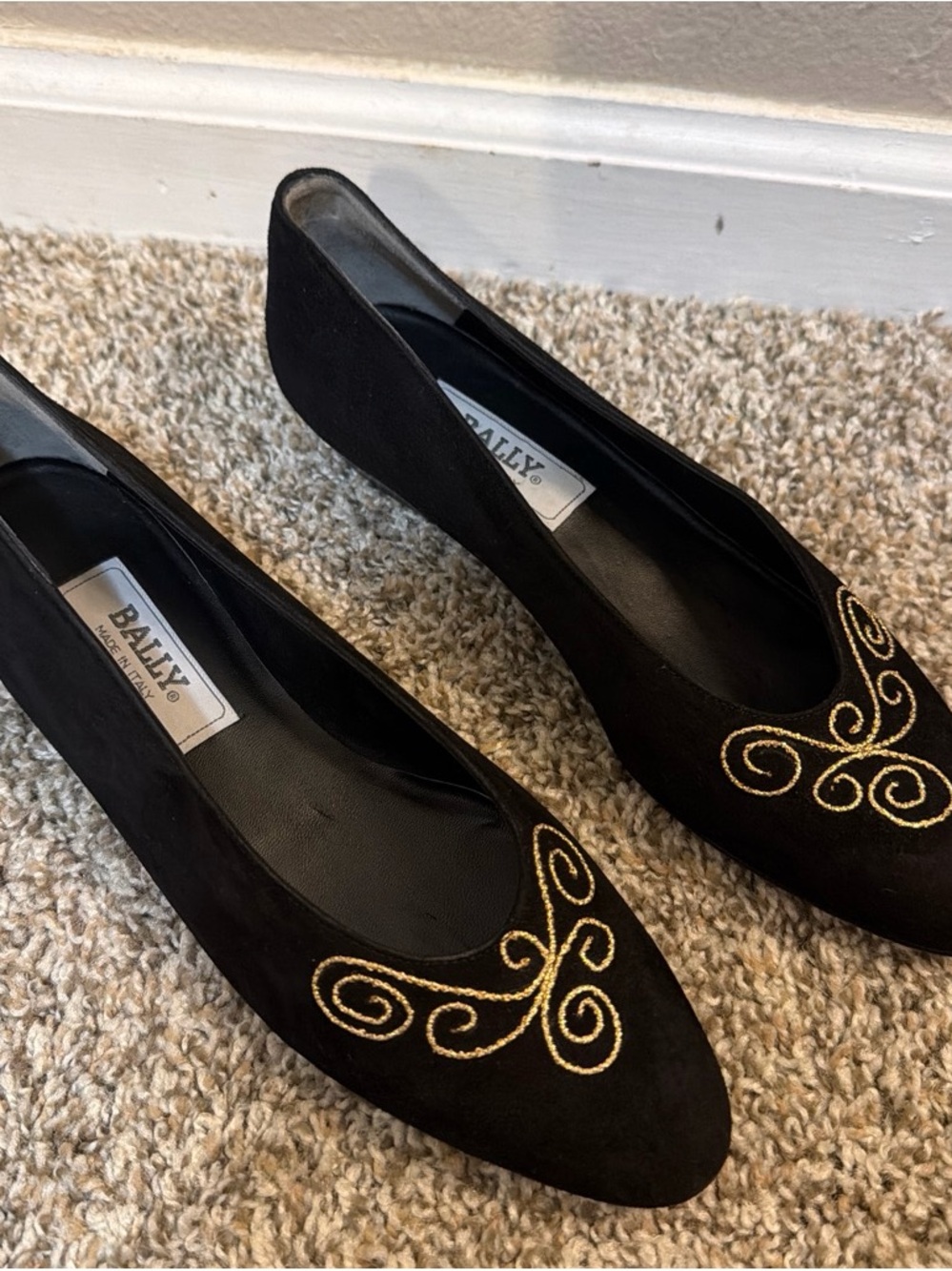 Bally Black Suede Pointed Flats with Gold Swirl Embroidery